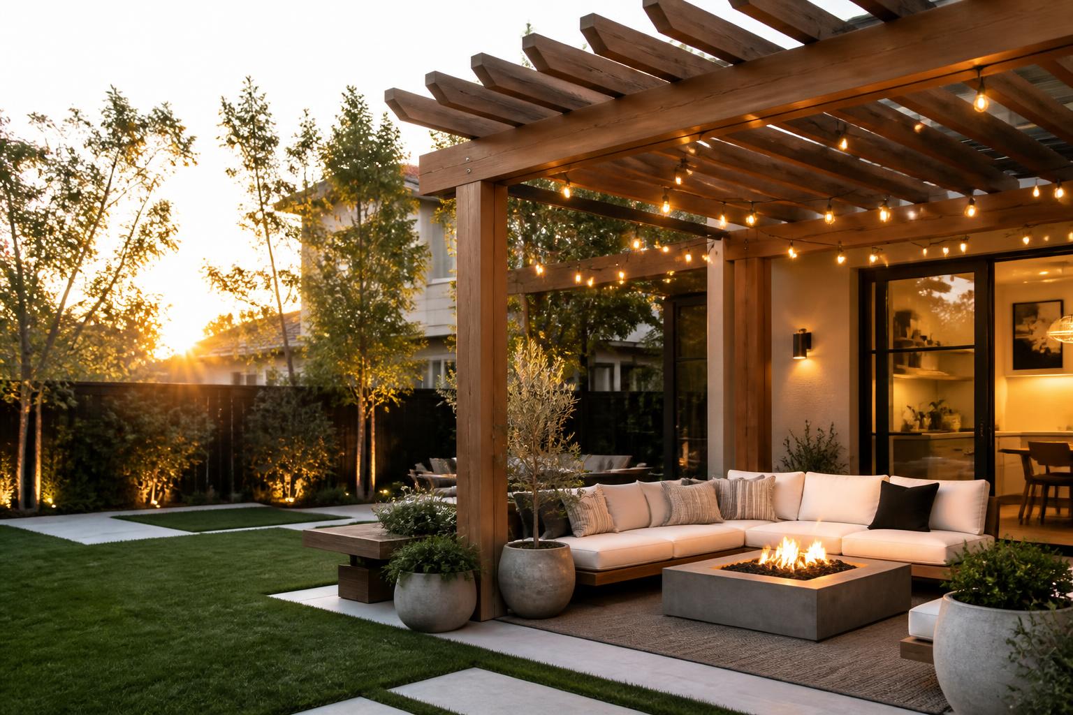 Modern backyard with pergola, fire pit and lounge seating at golden hour
